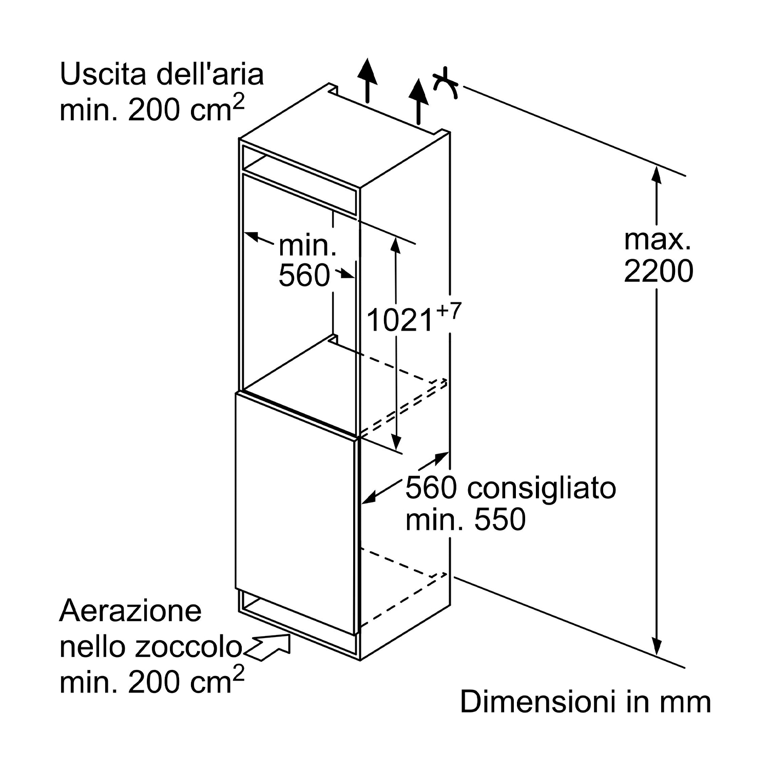 Disegno tecnico di un frigorifero da incasso con dimensioni in mm.