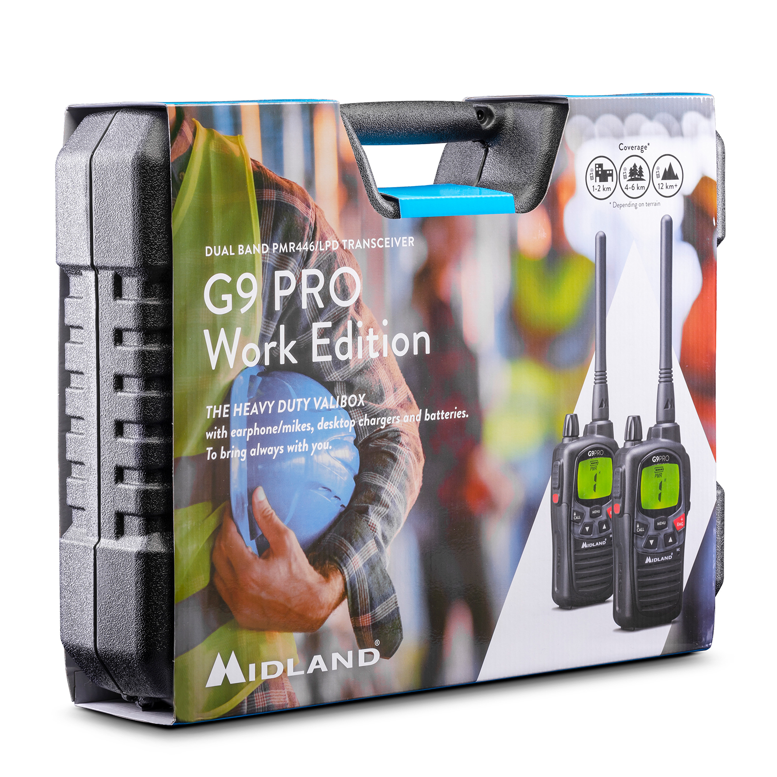 Midland G9 Pro Walkie-Talkies im Karton. Box zeigt Mann mit blauem Helm.