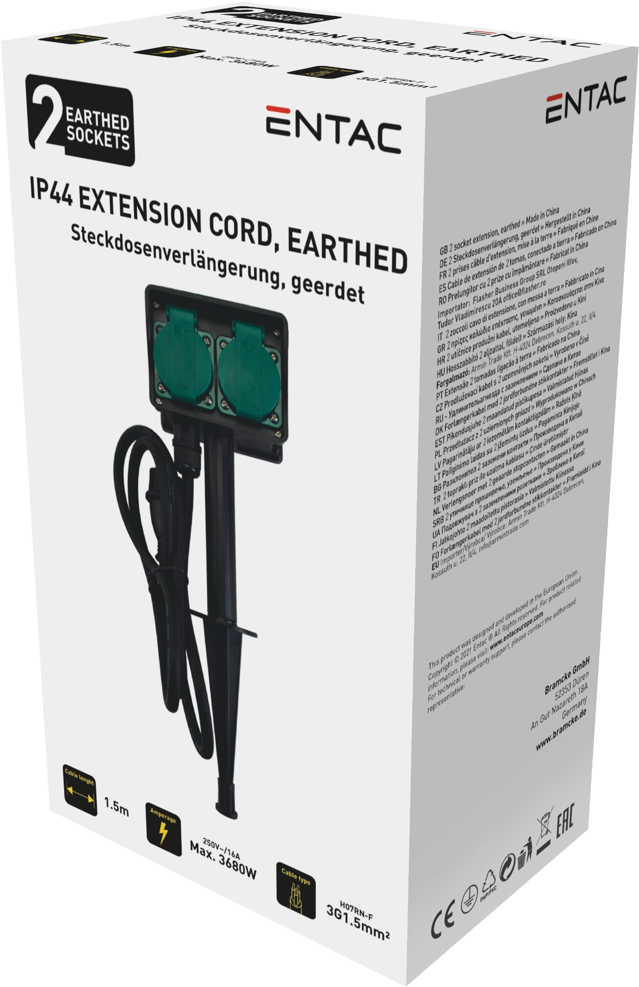 Fehér doboz több nyelven. A felirat: 'IP44 EXTENSION CORD, EARHTED'.
