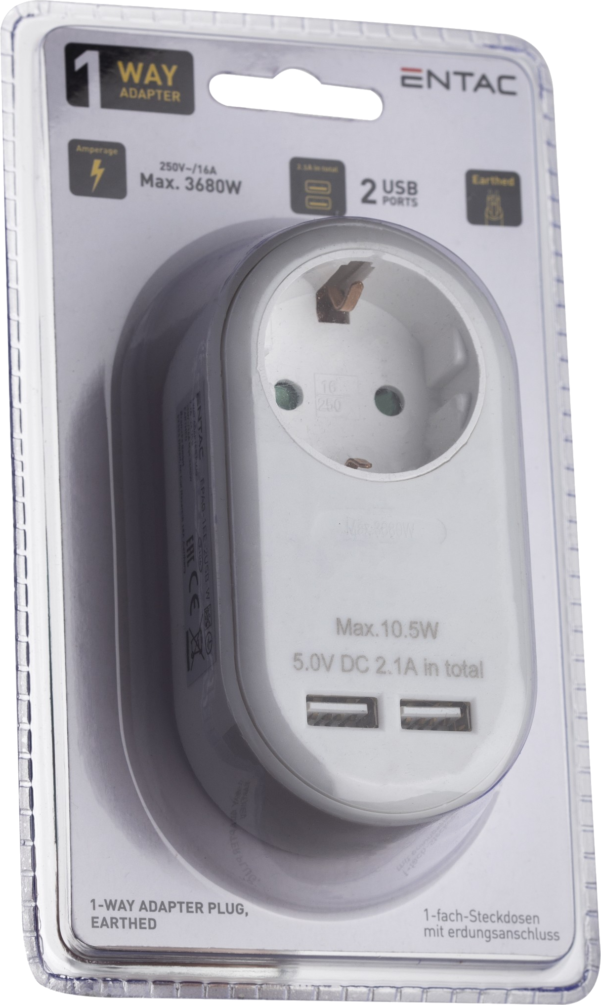 Fehér 1-utas adapter 2 USB porttal, átlátszó műanyag csomagolásban.