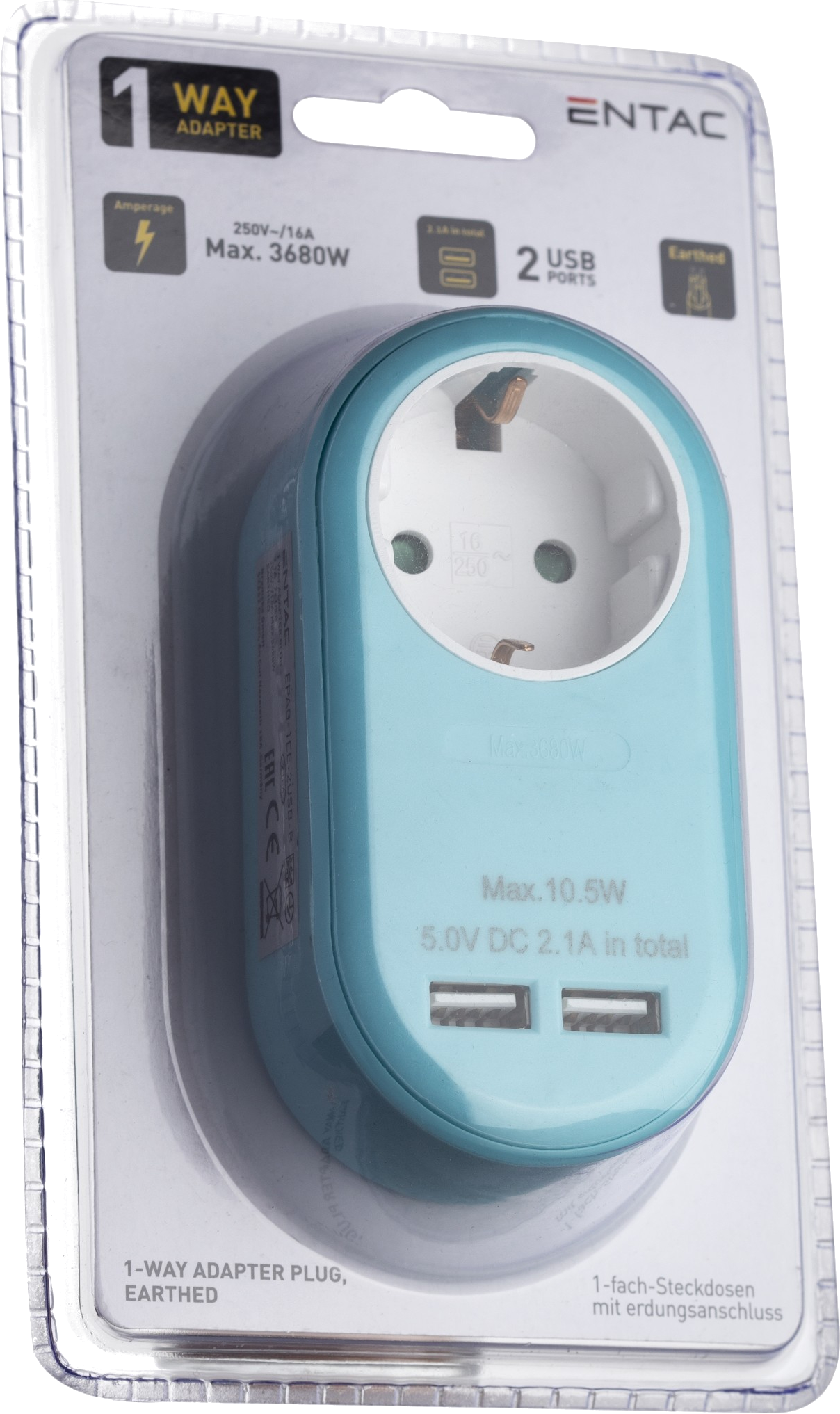 Egy kék adapter műanyag csomagolásban. Van rajta egy konnektor, 2 USB port, és a '1-way adapter' felirat.