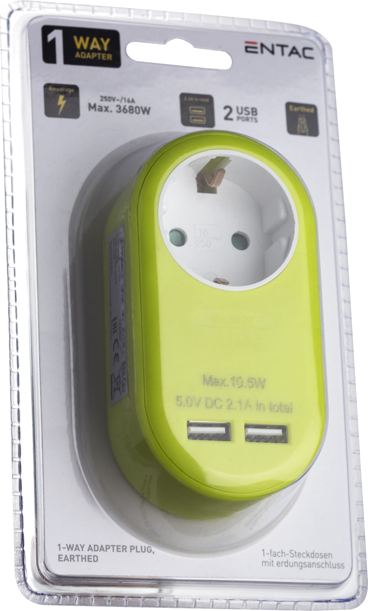Zöld-fehér adapter dugó műanyag csomagolásban, szöveggel és két USB porttal.