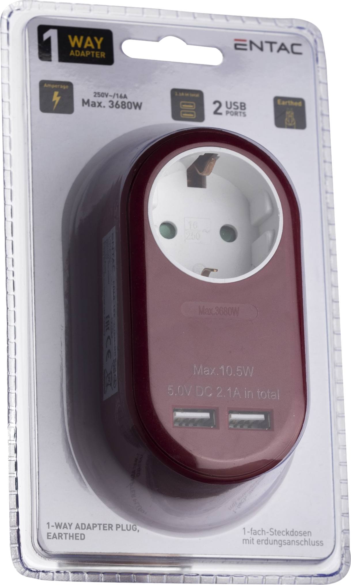 Egy bordó 1-irányú adapter két USB porttal és egy szabványos dugóval, műanyag házban.