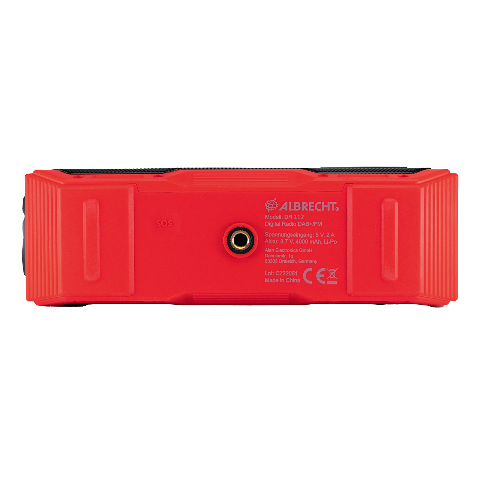 Rotes tragbares Radio, Rückansicht, mit Text und Beschriftungen.