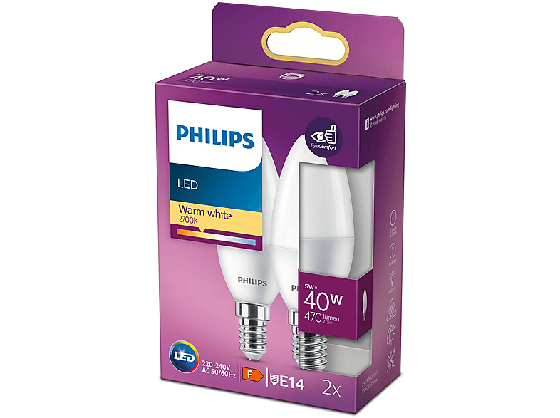 Lampadina LED Philips 2X Cand 40W E14 2700k