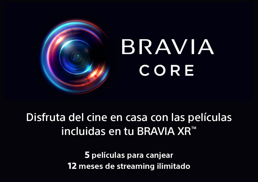 Gráfico promocional de BRAVIA CORE. Diseño circular colorido. Texto anuncia películas.