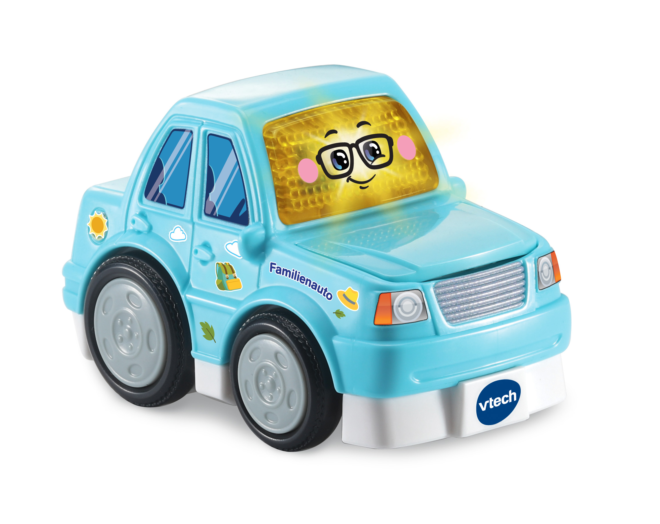 Ein hellblaues Spielzeugauto mit einem lächelnden Gesicht auf der Windschutzscheibe und dem Wort Familienauto.
