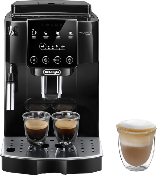Black DeLonghi Magnifica Start espresso machine with two cups of coffee.