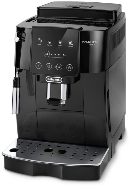 A black De'Longhi Magnifica Start espresso machine. It has a digital display and various buttons for different coffee options.