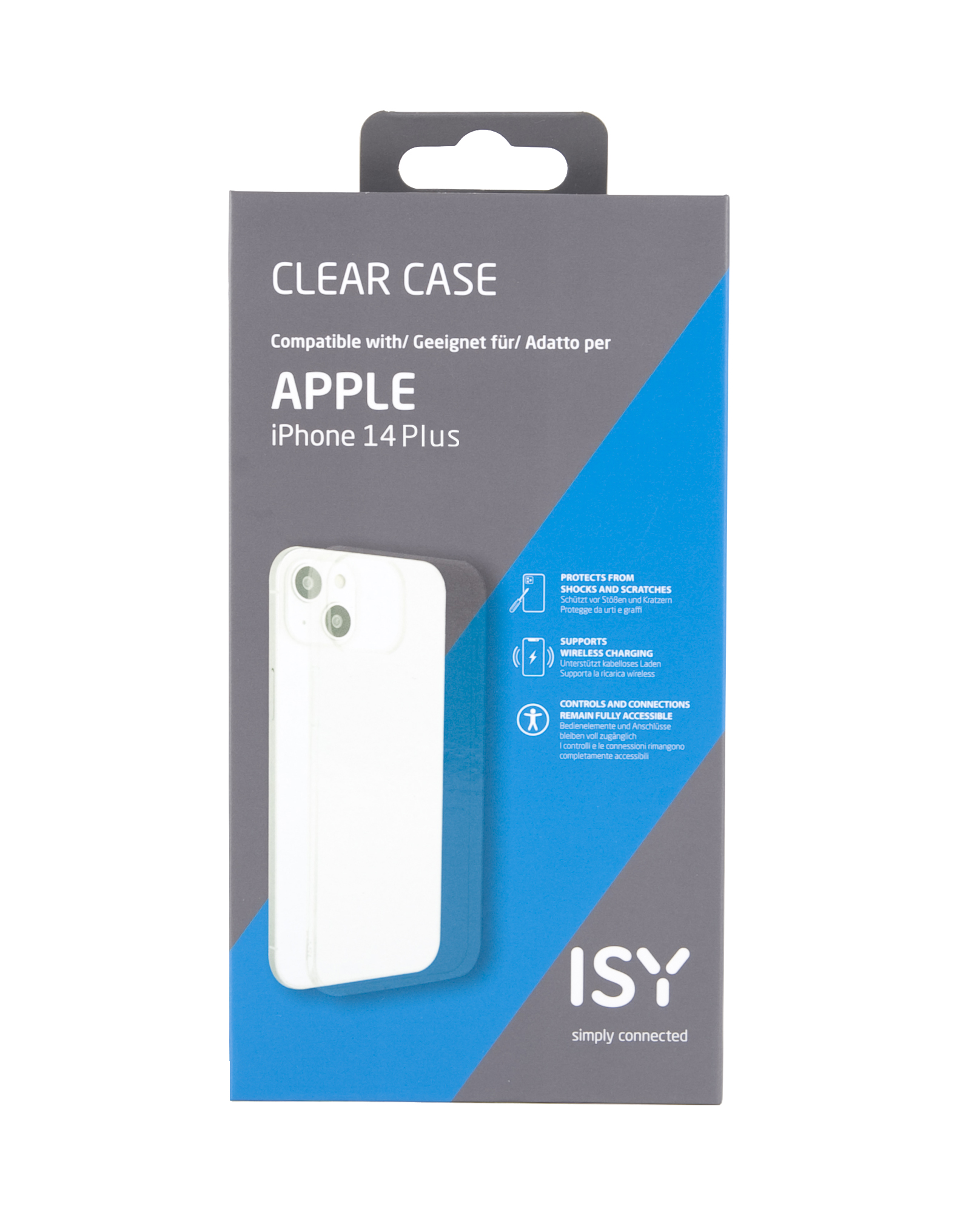Eine weiße Handyhülle in einer Box. Die Hülle ist für ein iPhone 14 Plus. Die Box hat Text.