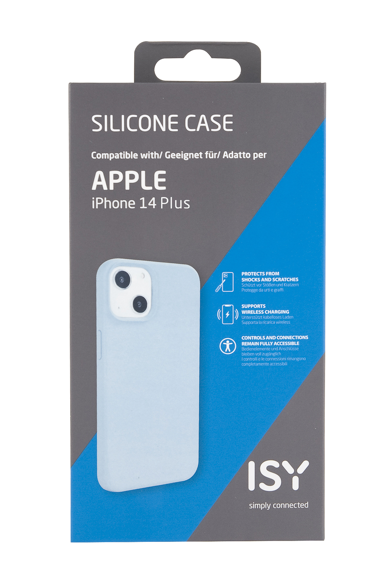 Eine hellblaue iPhone 14 Plus Hülle in ihrer Verpackung, Marke ISY.