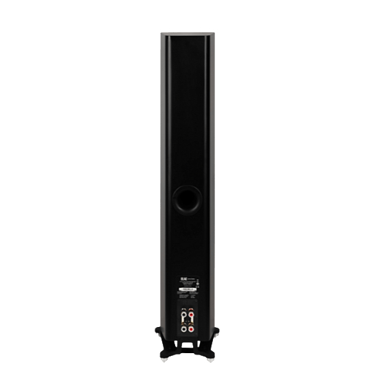 Schwarzer ELAC-Lautsprecher von hinten. Zeigt Anschlüsse und Subwoofer. Minimalistisches Design.