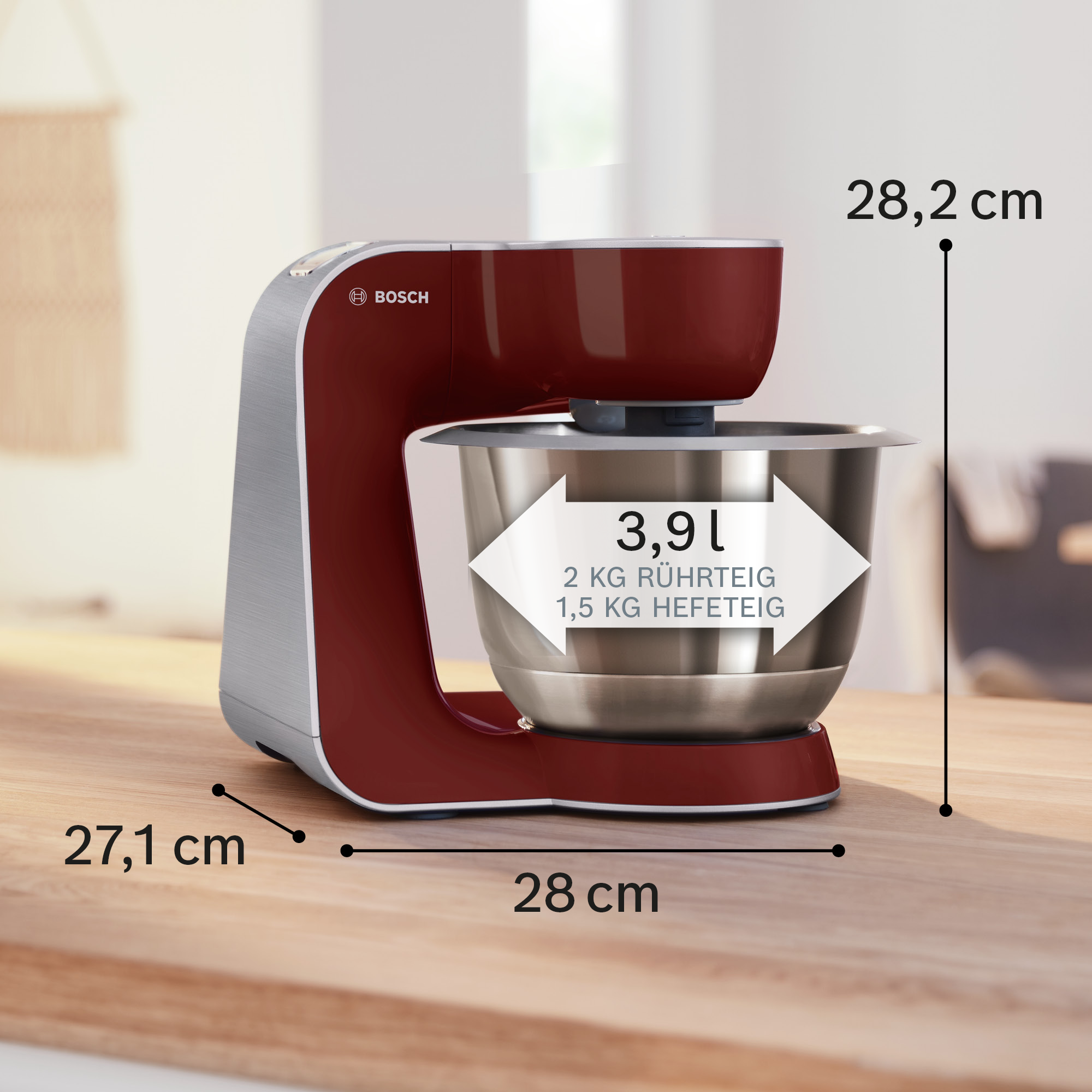 Robot de cuisine Bosch rouge avec un bol en métal. Les dimensions sont indiquées sur l'image.