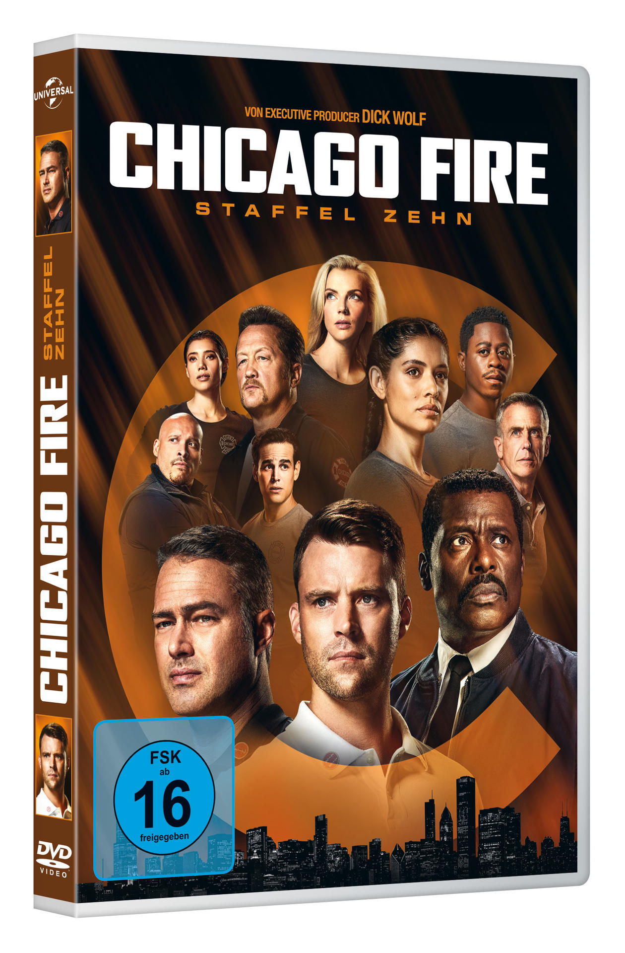 Chicago Fire DVD-Box. Gruppenfoto der Besetzung. Stadtlandschaft und Feuergrafik.