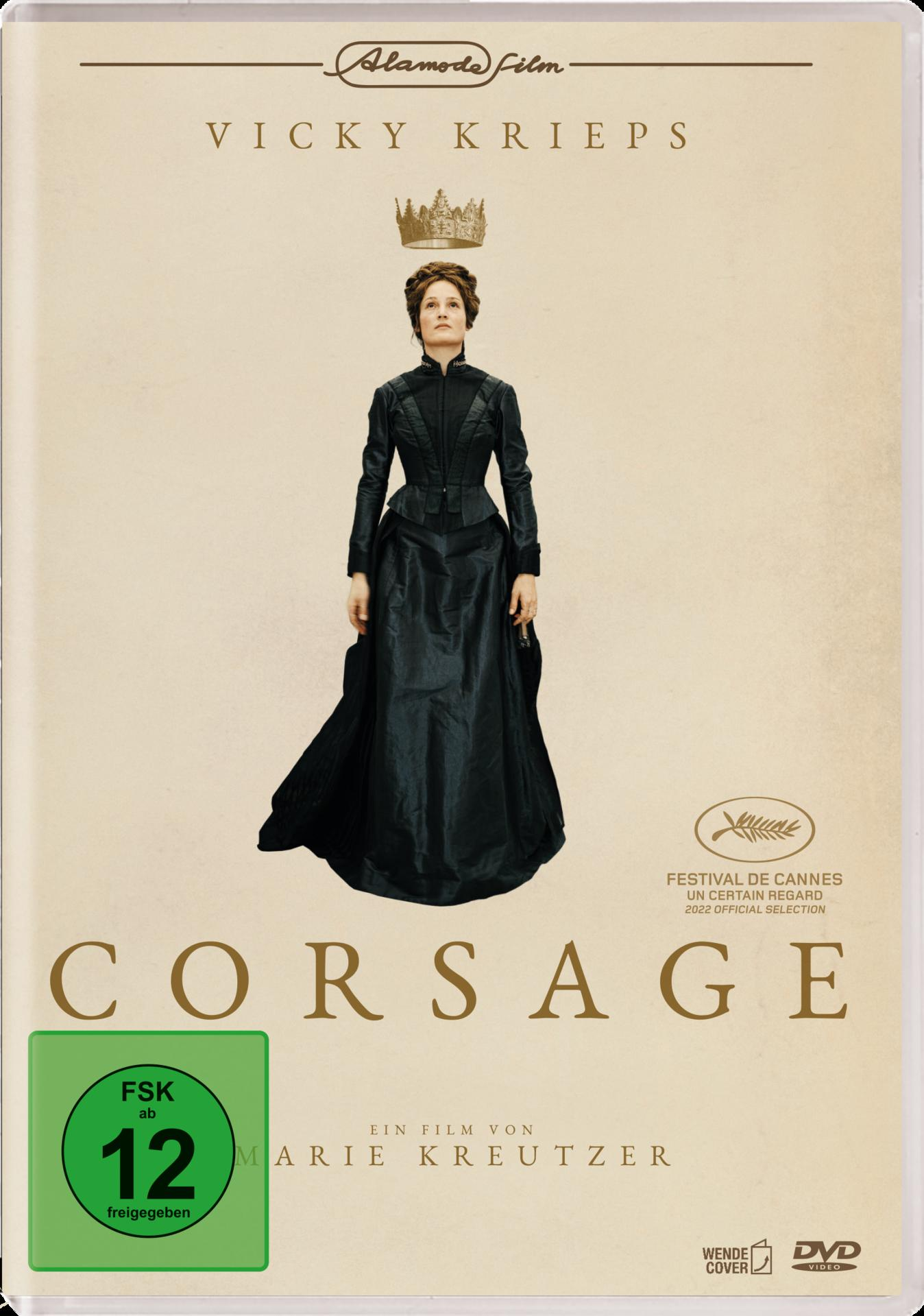 DVD-Cover des Films 'Corsage'. Frau im Kleid mit Krone auf dem Kopf.
