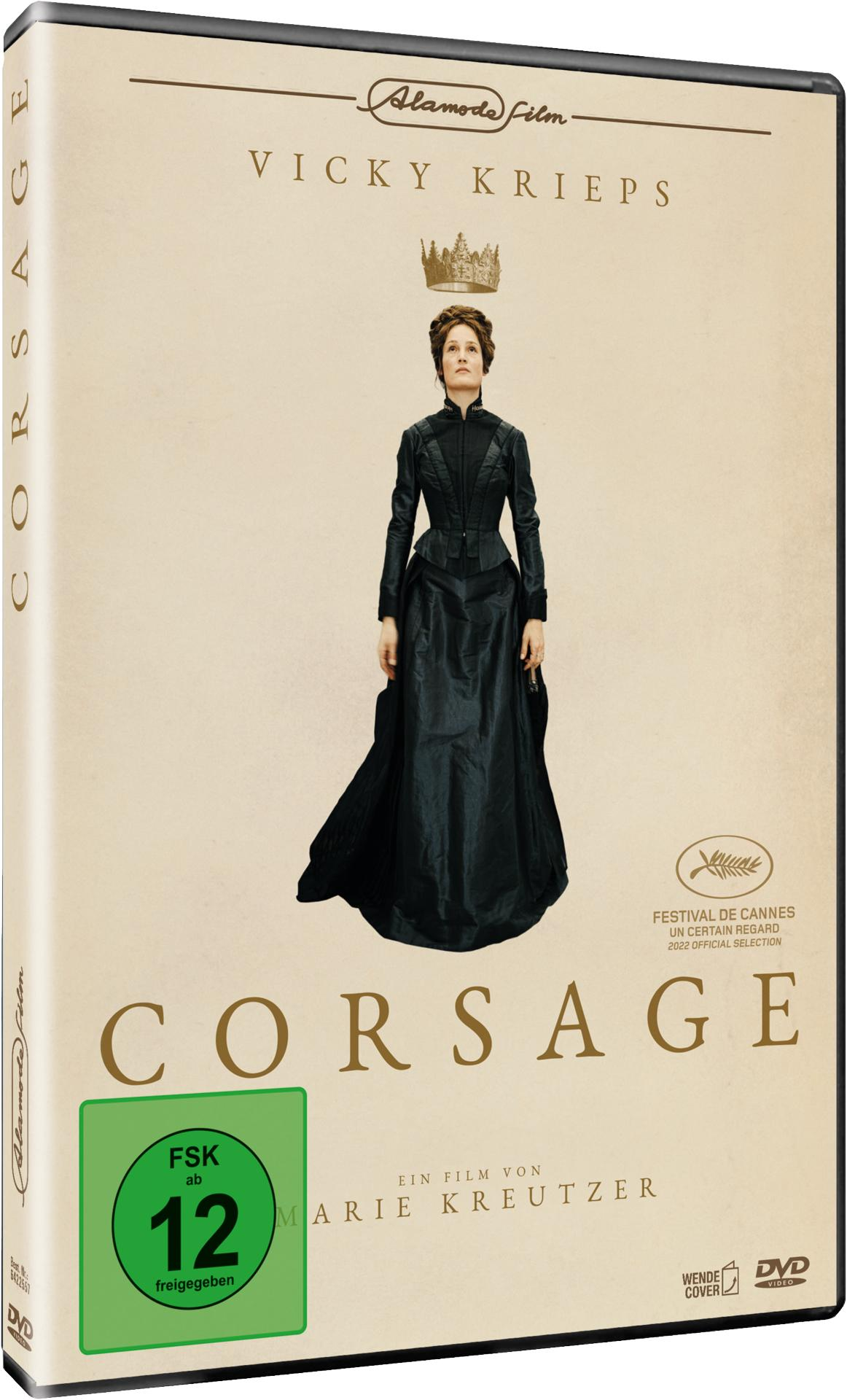 DVD-Cover des Films Corsage mit einer Frau in schwarzem Kleid und Krone.