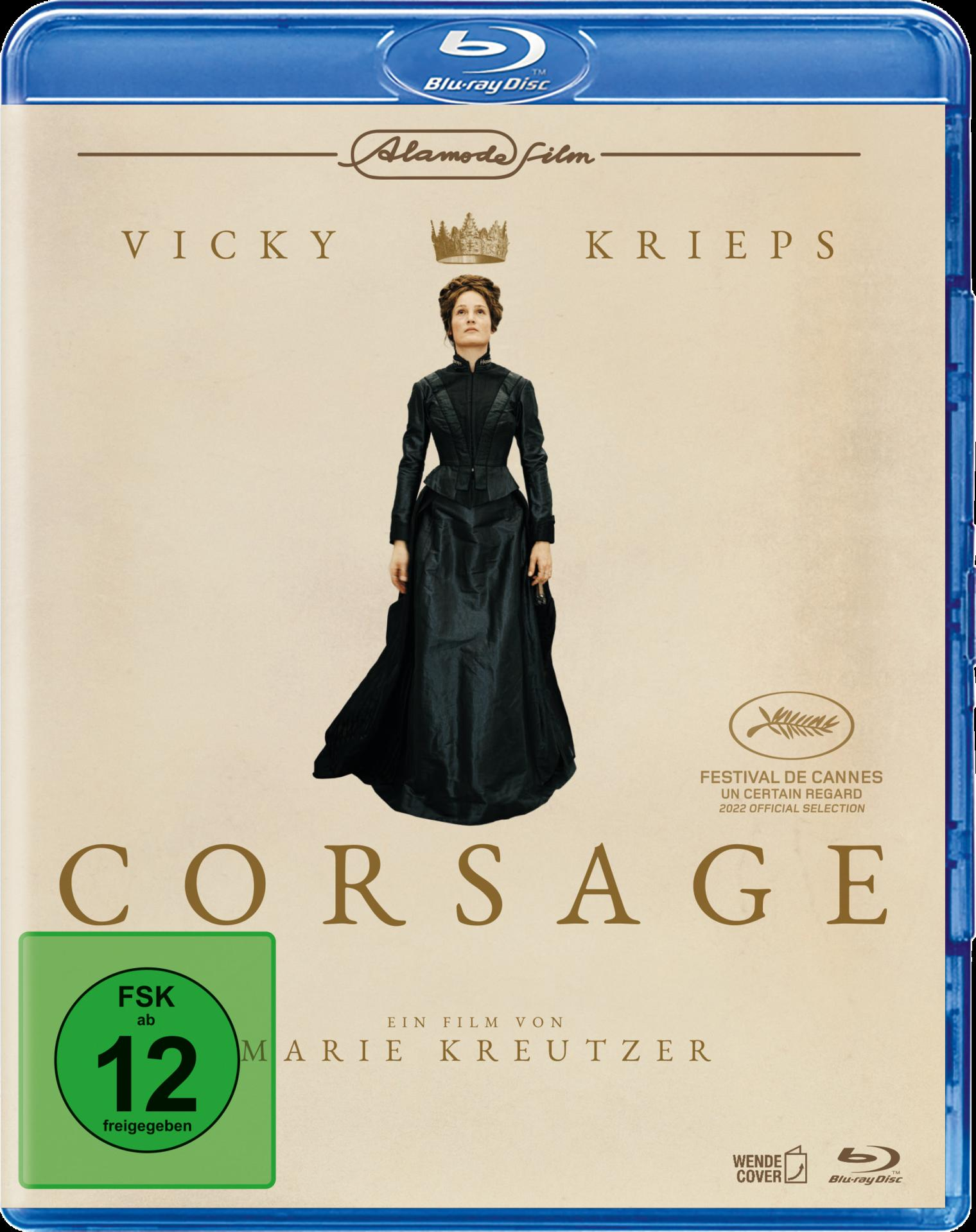 Blu-ray-Disc-Cover für Corsage, eine Frau in schwarzem Kleid, mit Krone.