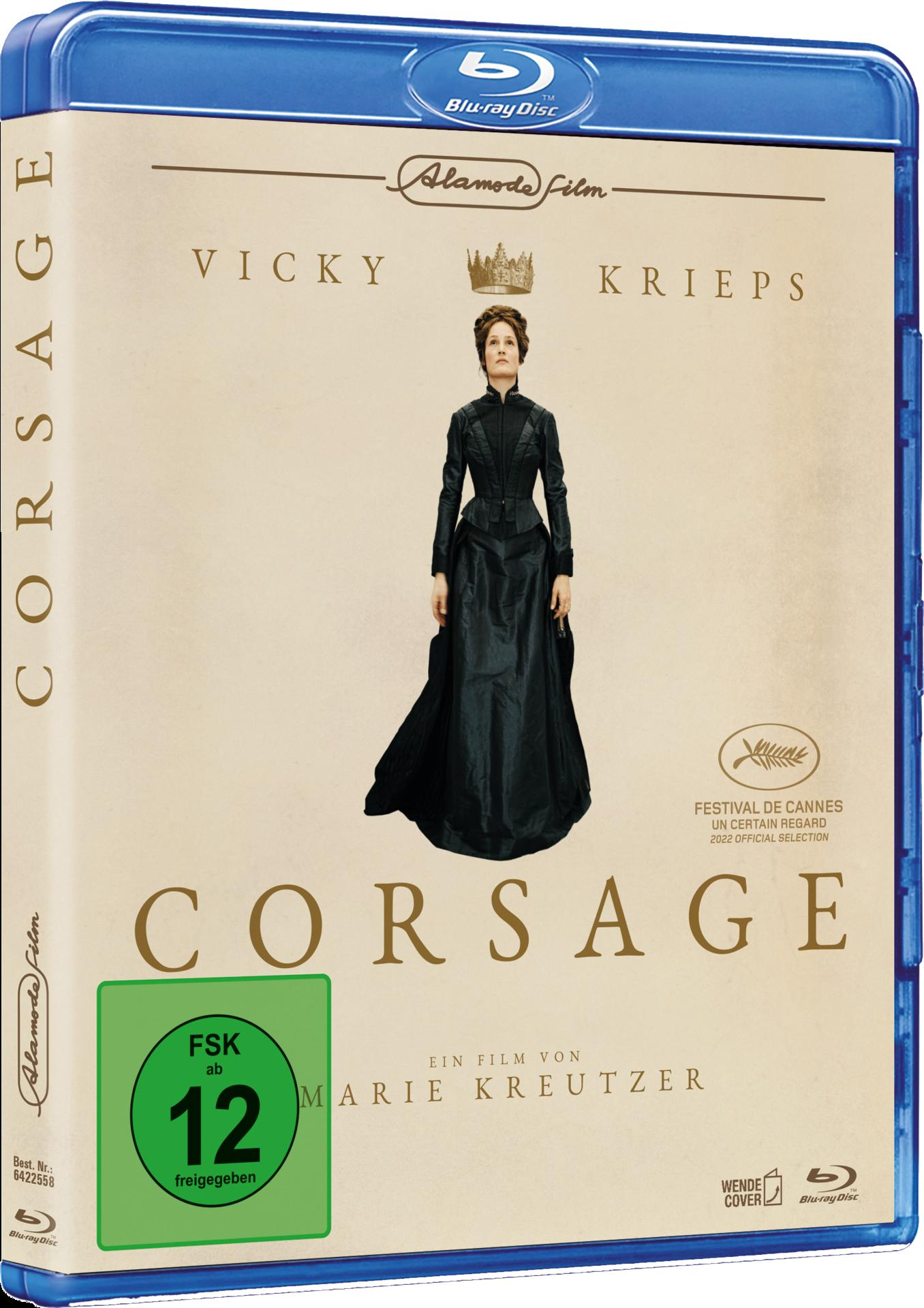 Blu-ray-Disc-Cover für den Film 'Corsage'. Es zeigt eine Frau in einem schwarzen Kleid und einer Krone.