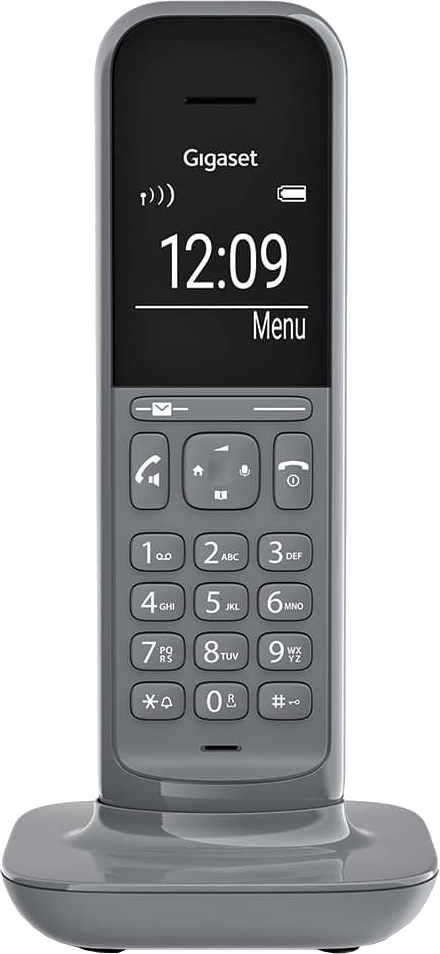 Een grijze Gigaset draadloze telefoon met een display dat de tijd en een menu-optie toont.