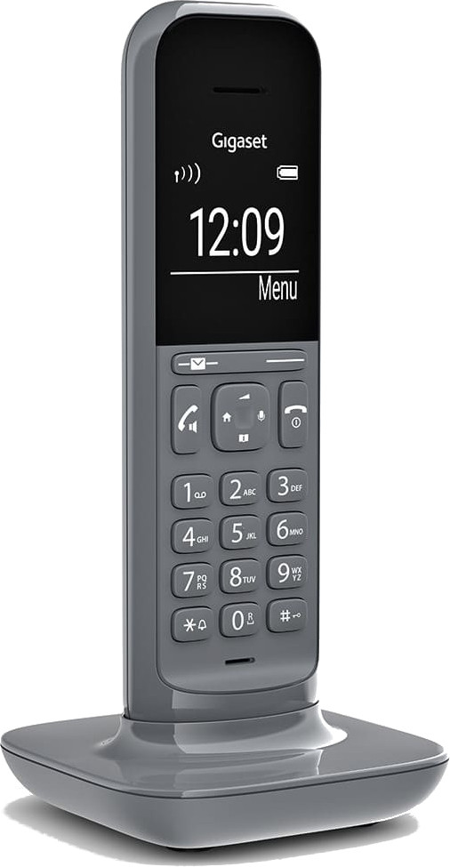 Grijze Gigaset draadloze telefoon. Scherm toont tijd en menu opties.