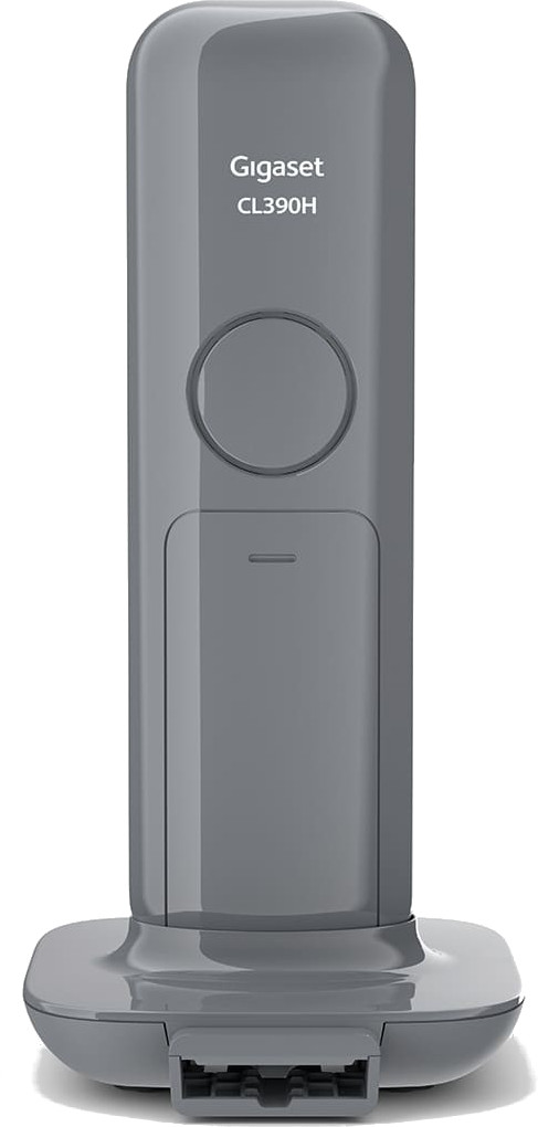 Grijze Gigaset CL390H draadloze telefoon, met een oplaadstation.
