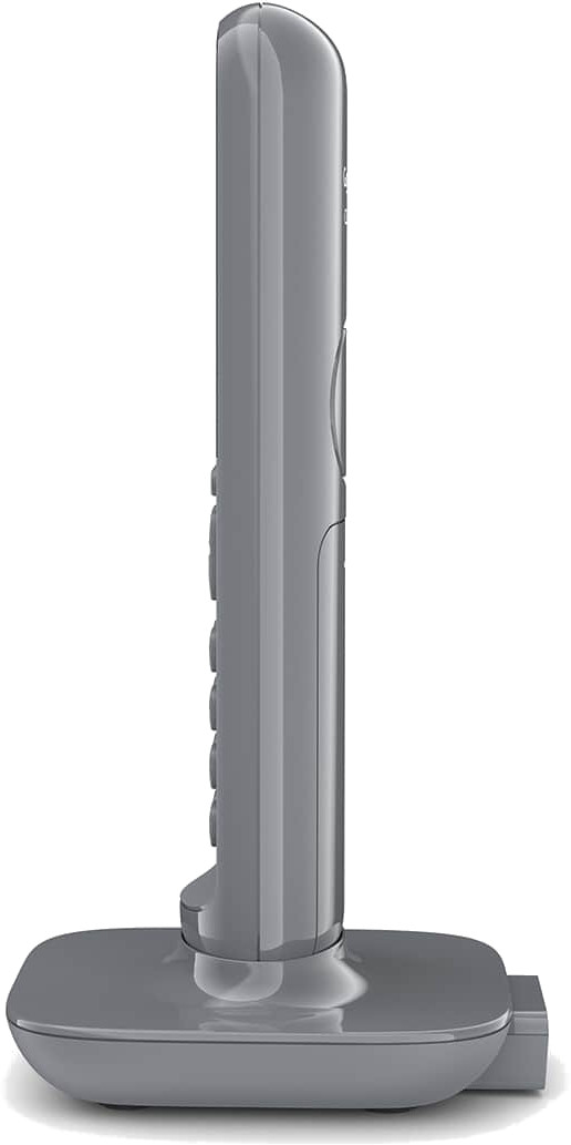 Grijze draadloze telefoonbasis en handset, zijaanzicht, op een witte achtergrond.