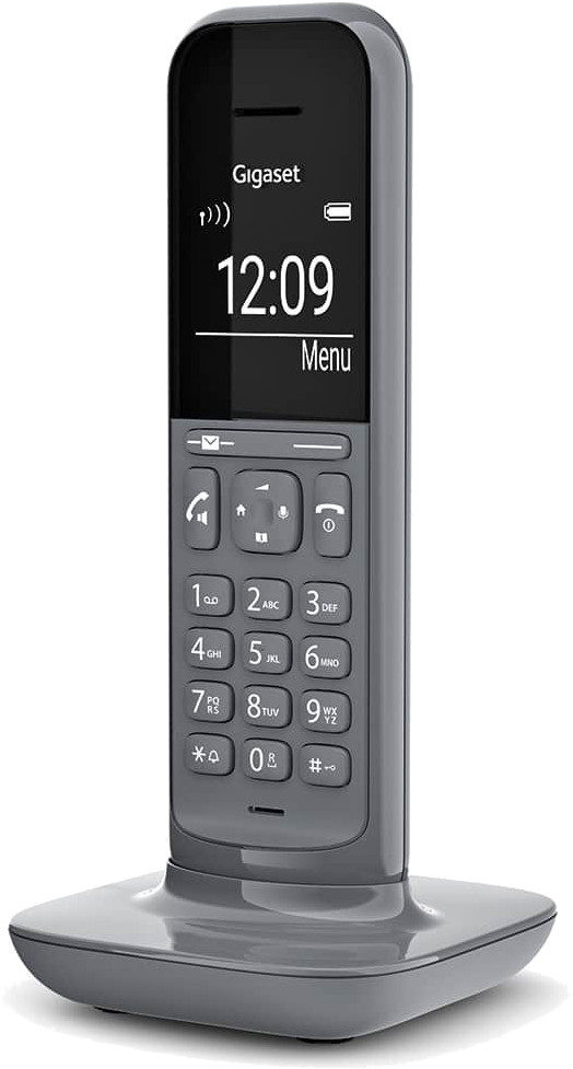 Een grijze Gigaset draadloze telefoon met een digitaal display en een oplaadstation.