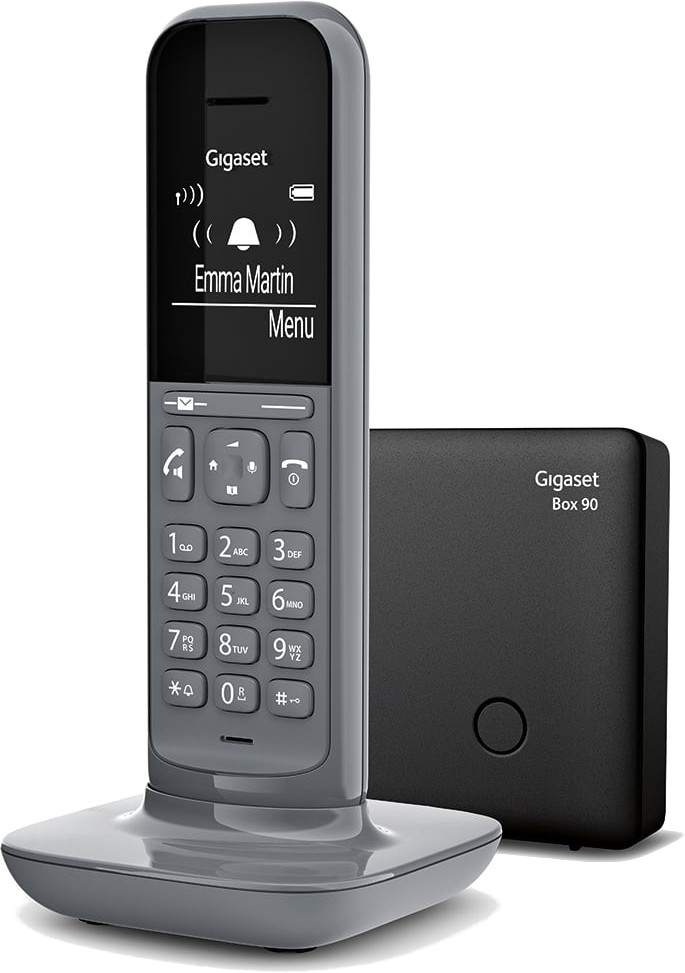 Een Gigaset draadloze telefoon en basisstation. De telefoon is grijs, de basis is zwart.