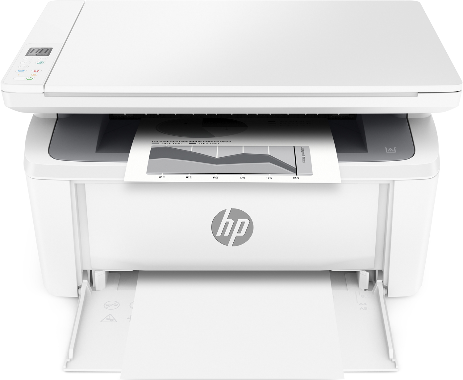 A white HP printer with the paper tray open. A printed document is in the tray.