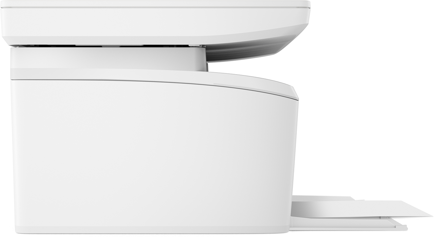 Side view of a white printer, paper tray extended.
