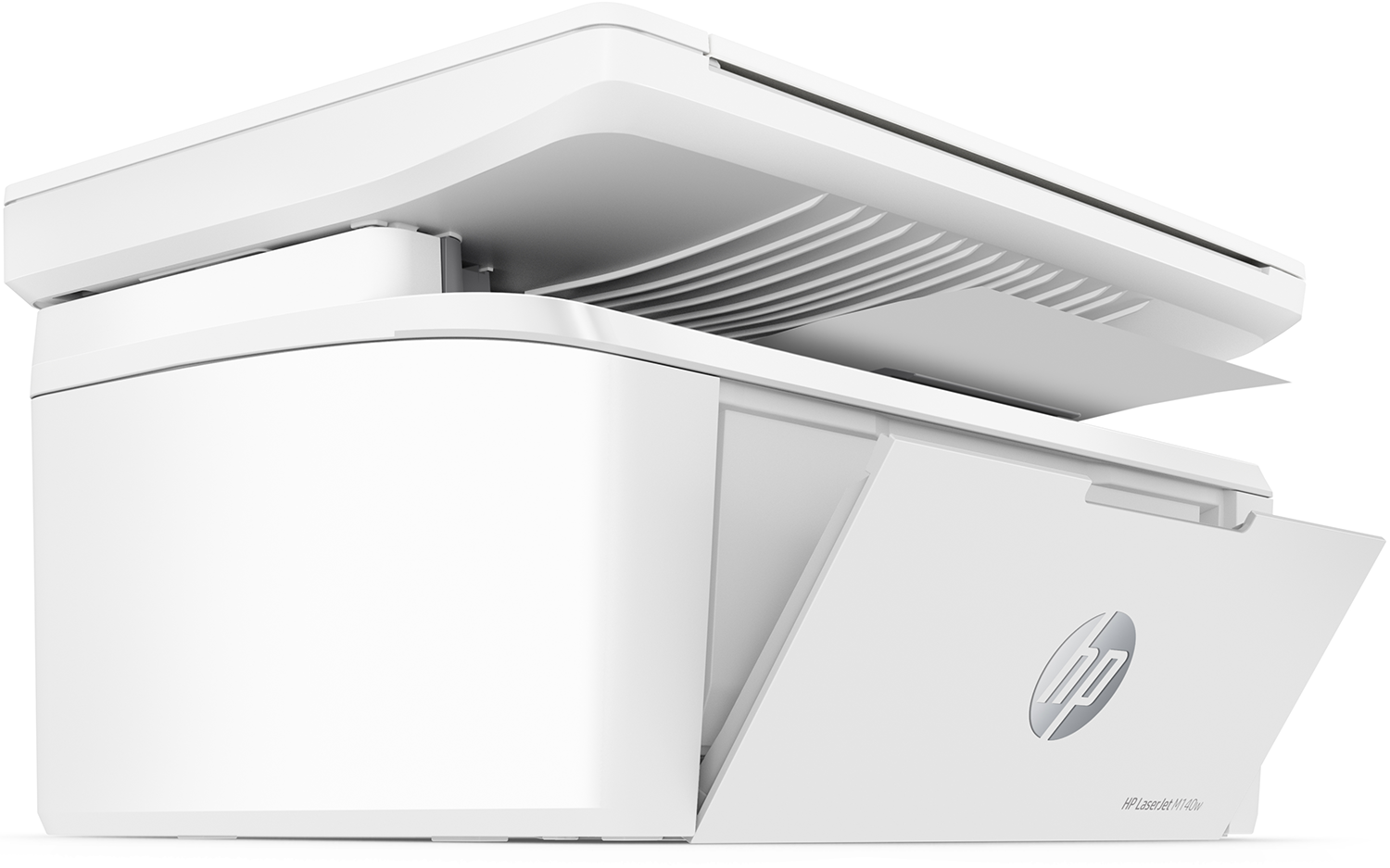 White HP printer with open paper tray. The top is open, showing the internal paper stack.