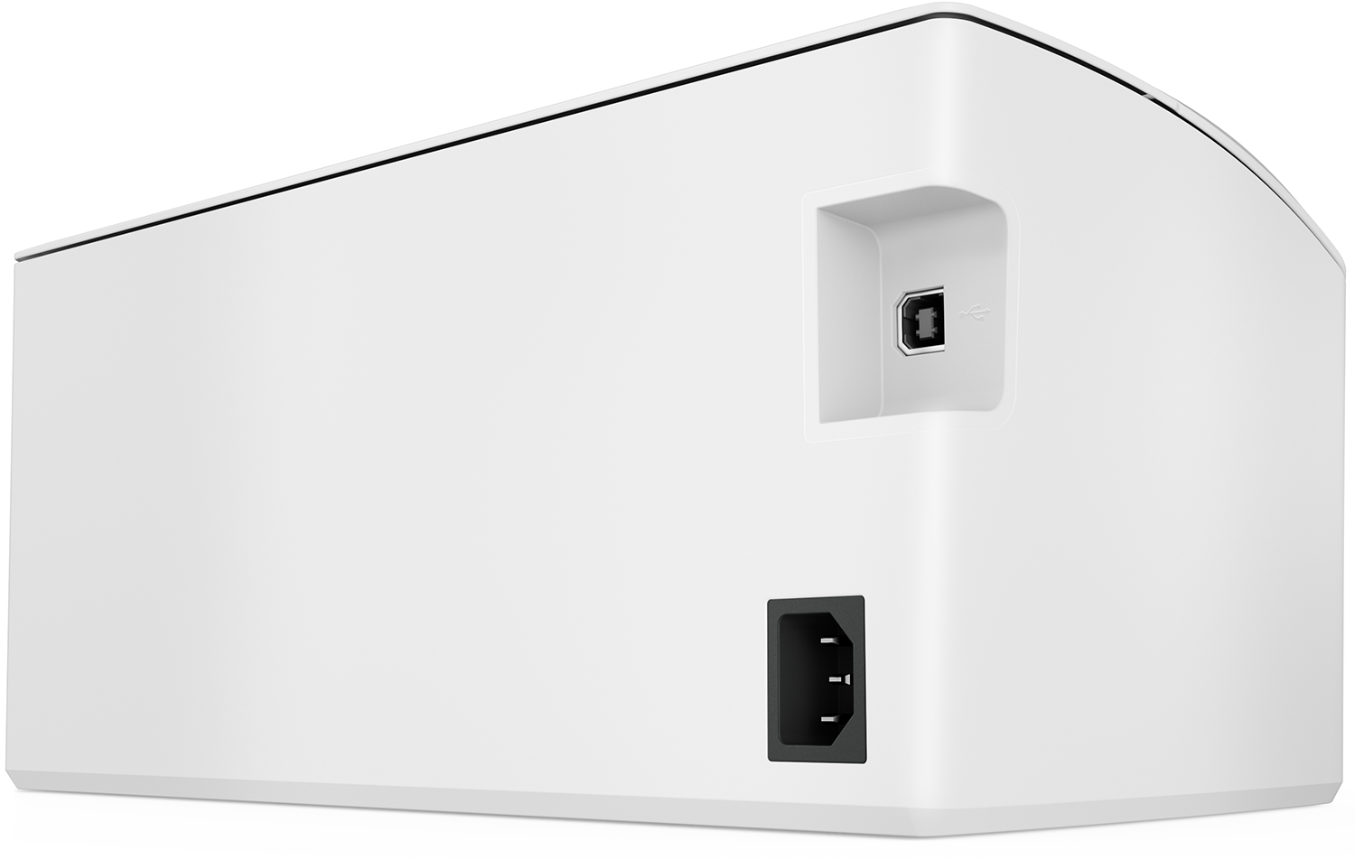 White device with a USB port and power input. Clean, minimalist design.