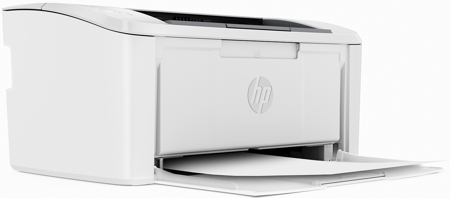 White HP printer, with a paper tray extended and showing printed sheets.