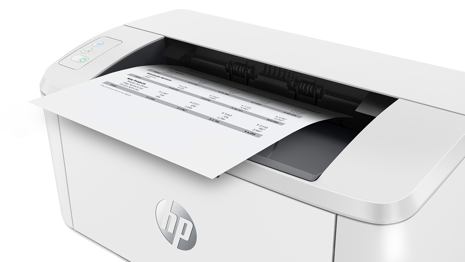 A white HP printer with a sheet of paper. A printout is coming out of the printer.
