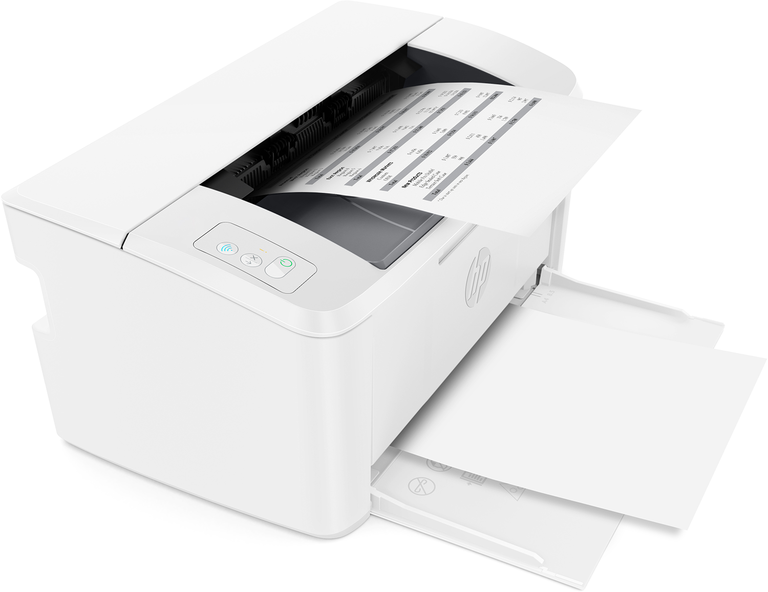 White HP printer printing a document. Paper is exiting the printer tray.