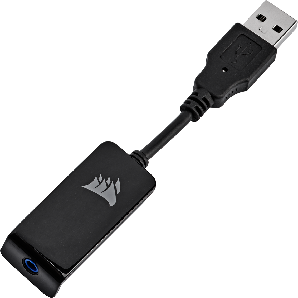 Fekete USB audio adapter fekete kábellel és USB csatlakozóval fekete háttéren.