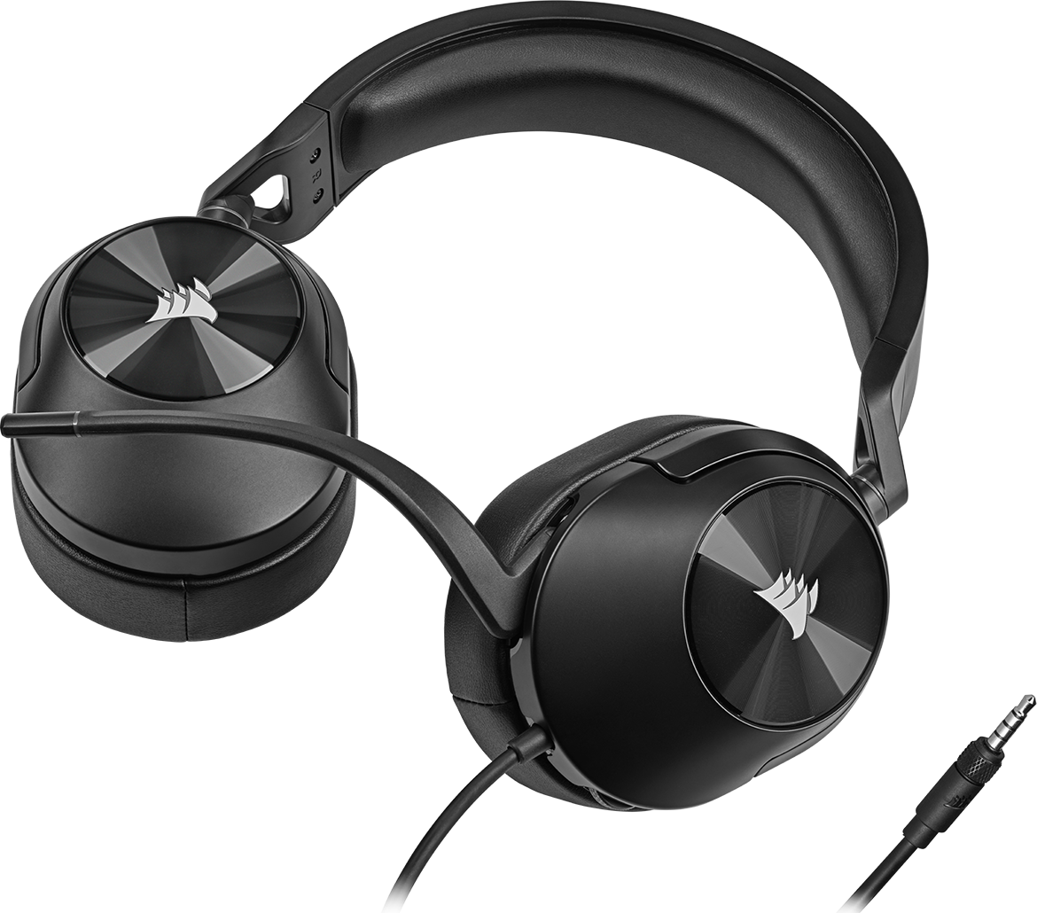 Fekete Corsair gamer fejhallgató mikrofonnal, ferde nézetben.