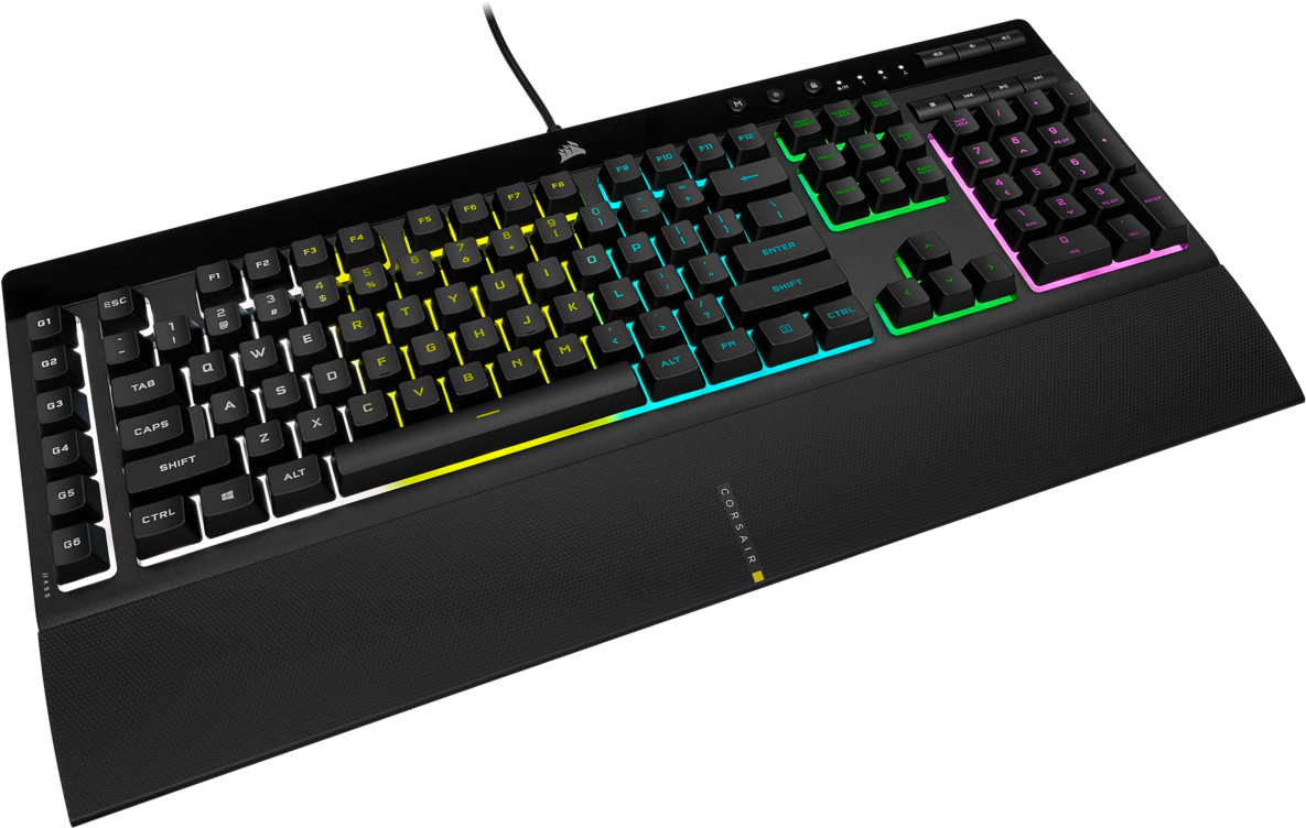 Fekete billentyűzet RGB világítással. A Corsair logó és a gombok láthatók.