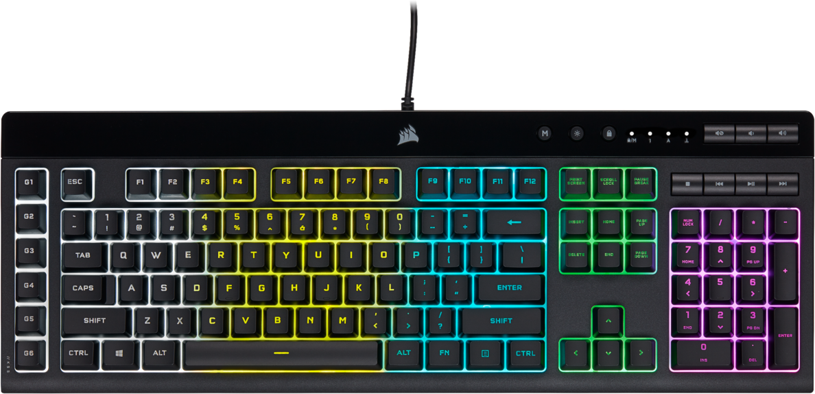 Egy fekete gamer billentyűzet testreszabható RGB világítással, amely bemutatja a teljes elrendezését és a funkciógombjait.