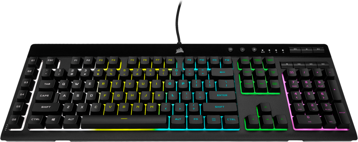 Fekete Corsair billentyűzet többszínű megvilágított gombokkal. Teljes QWERTY elrendezést mutat.