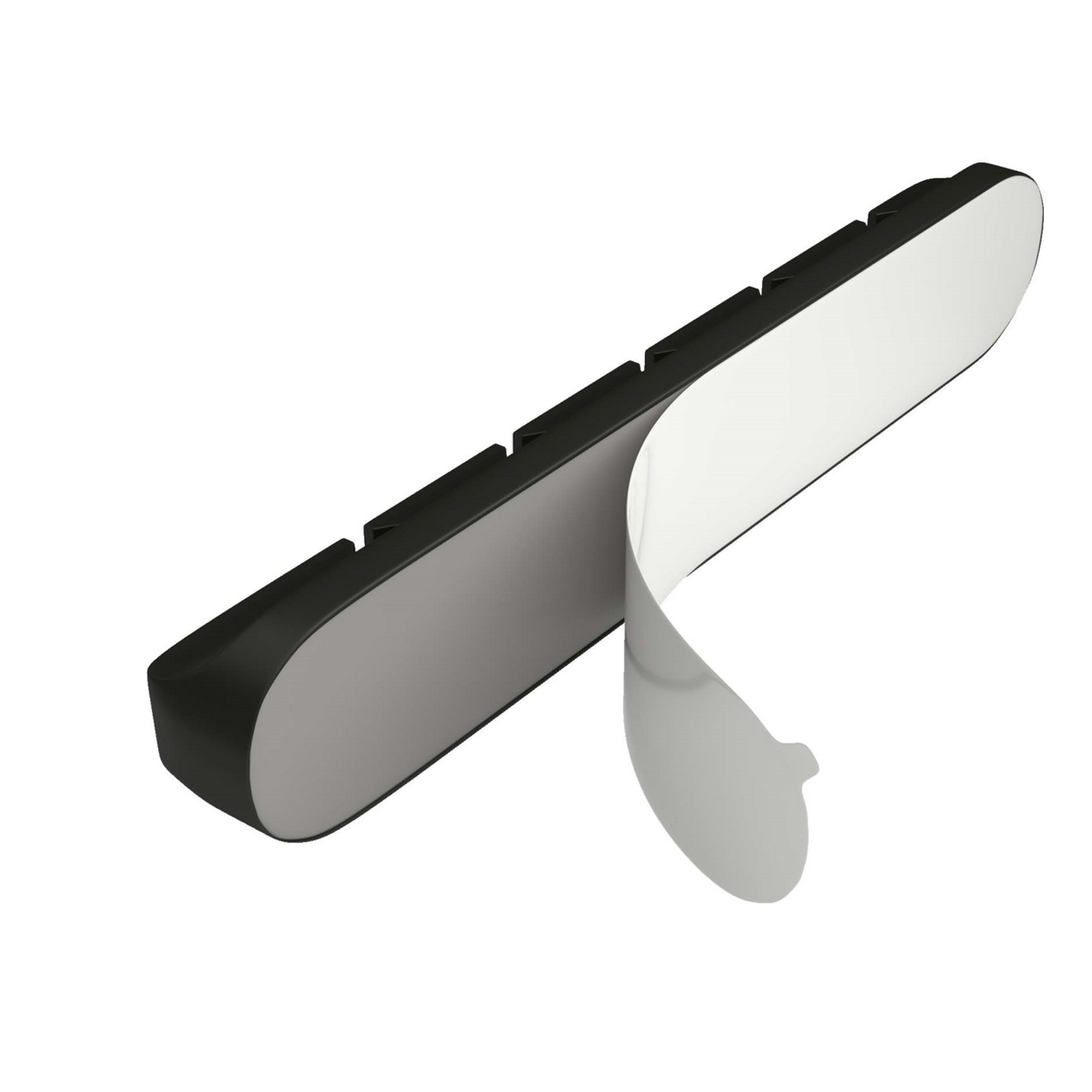 Tira adhesiva negra y gris con tira blanca despegable. El adhesivo está expuesto.