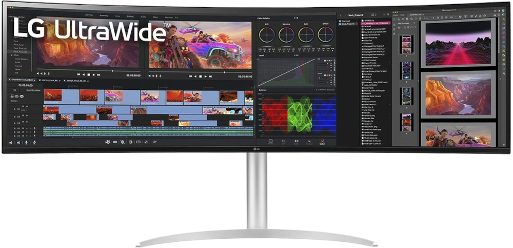 Moniteur LG UltraWide affichant une interface de montage vidéo. Support argenté. Cadre noir.