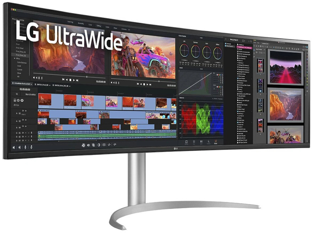 Écran LG UltraWide affichant une interface de logiciel de montage vidéo. Le moniteur est argenté avec un pied incurvé.