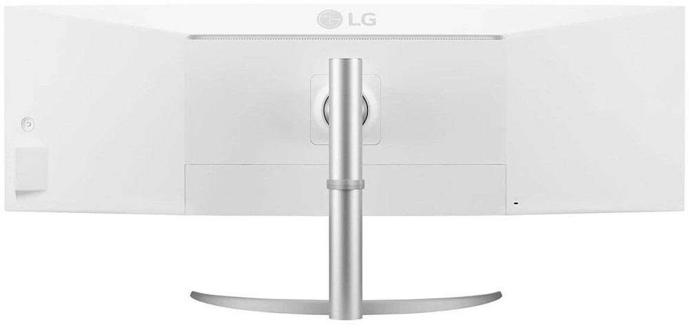 Moniteur LG blanc, vue arrière, avec support. Le logo LG est visible.