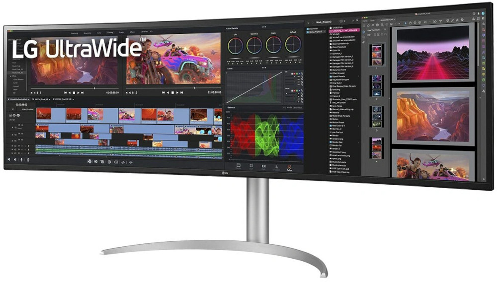 Moniteur UltraWide affichant un logiciel de montage vidéo. Écran incurvé et chronologie.