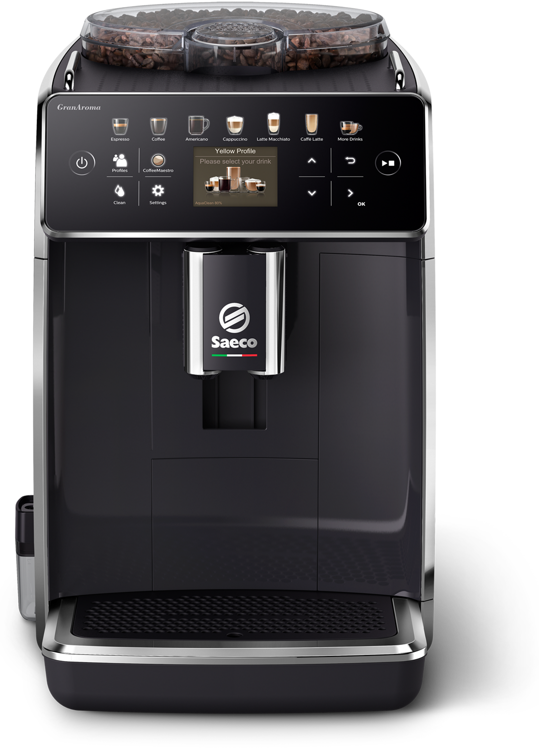 Een Saeco GranAroma koffiemachine. Hij is zwart met een zilveren afwerking en een touchscreen.