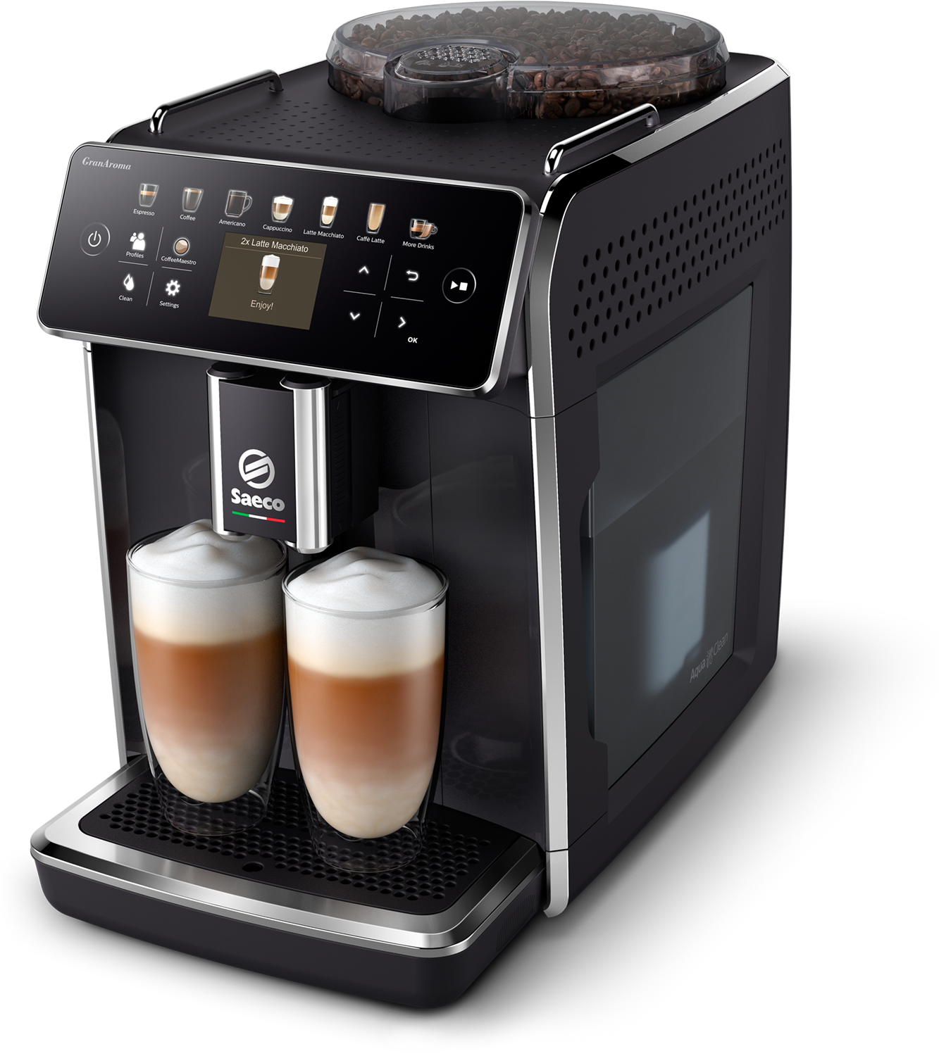 Espressomachine met twee latte's, zwart en metallic details.