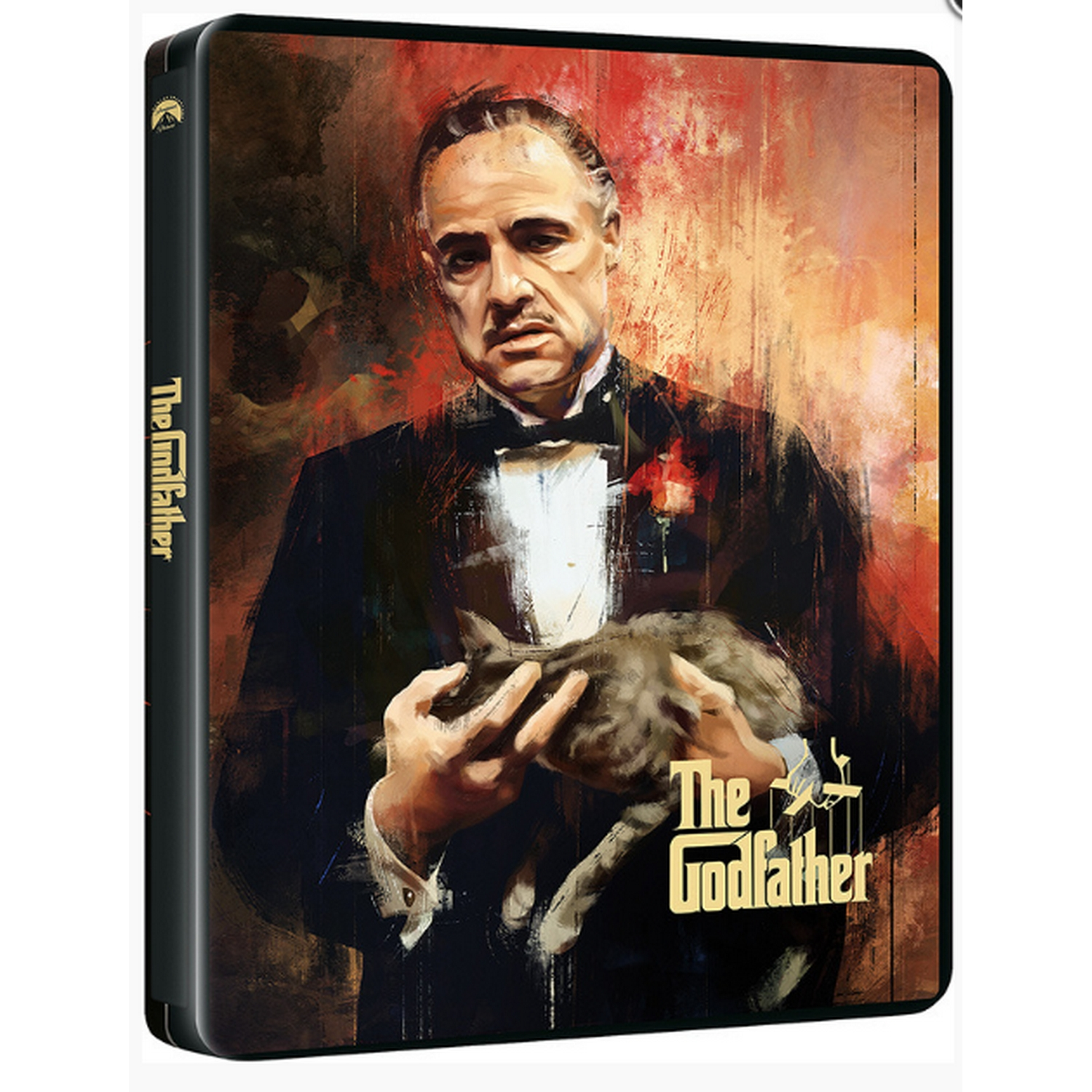 Estuche de la película El Padrino. Marlon Brando con traje sostiene un gato. El texto es visible.