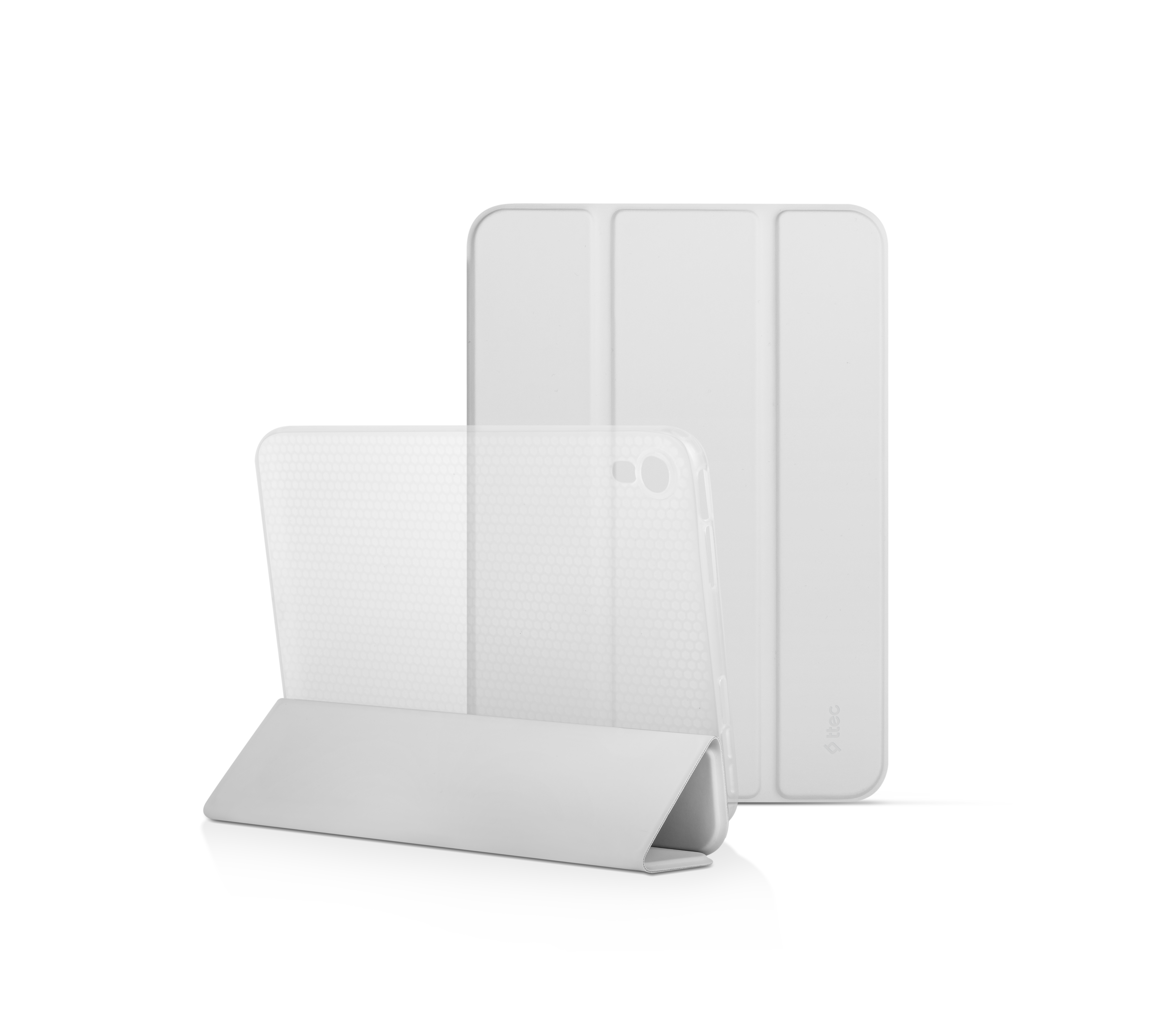 Beyaz tablet kılıfları, biri açık, biri kapalı.