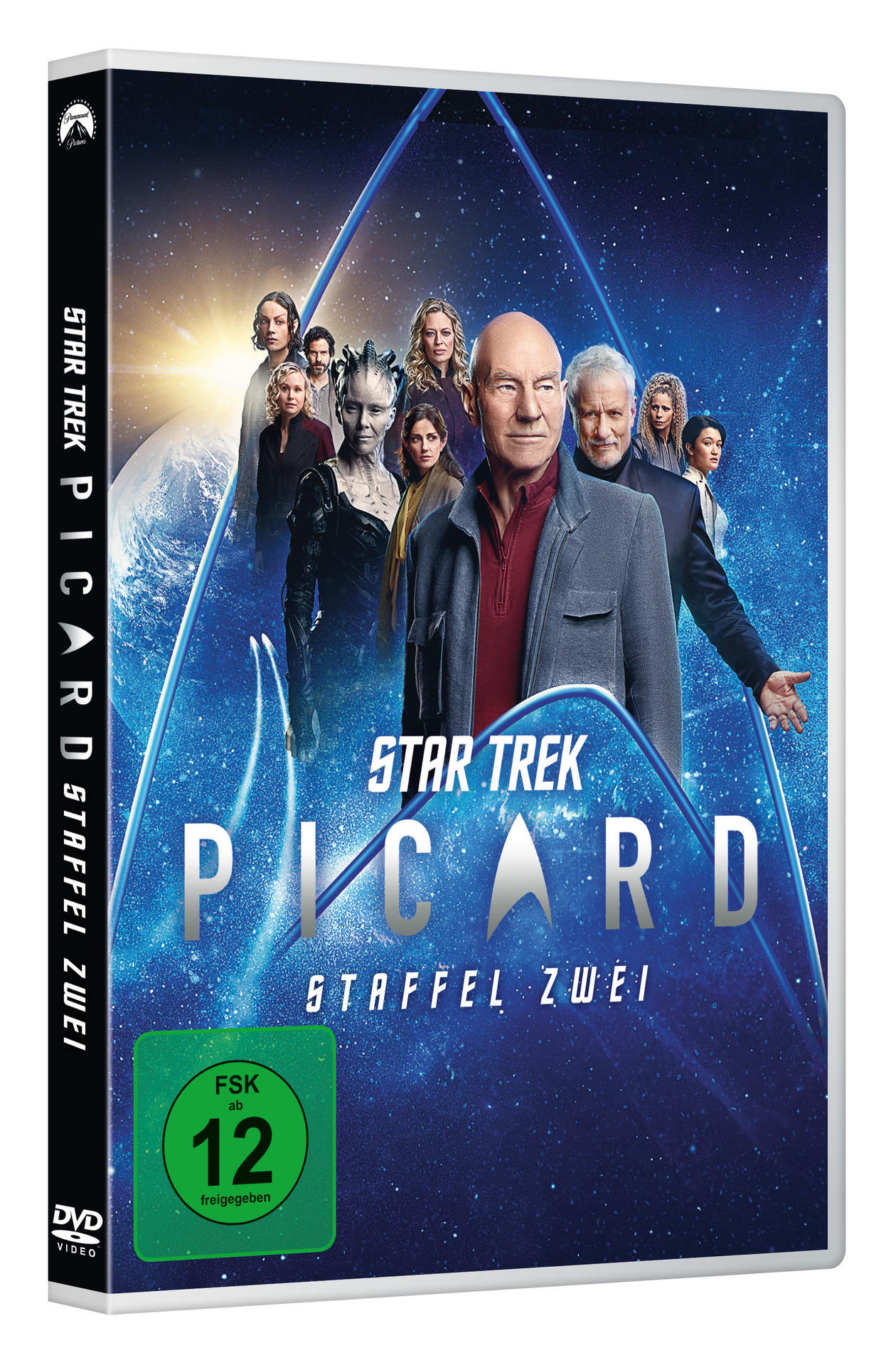 DVD-Hülle für Star Trek: Picard. Mit der Besetzung und einem blauen Weltraumhintergrund mit dem Titel.